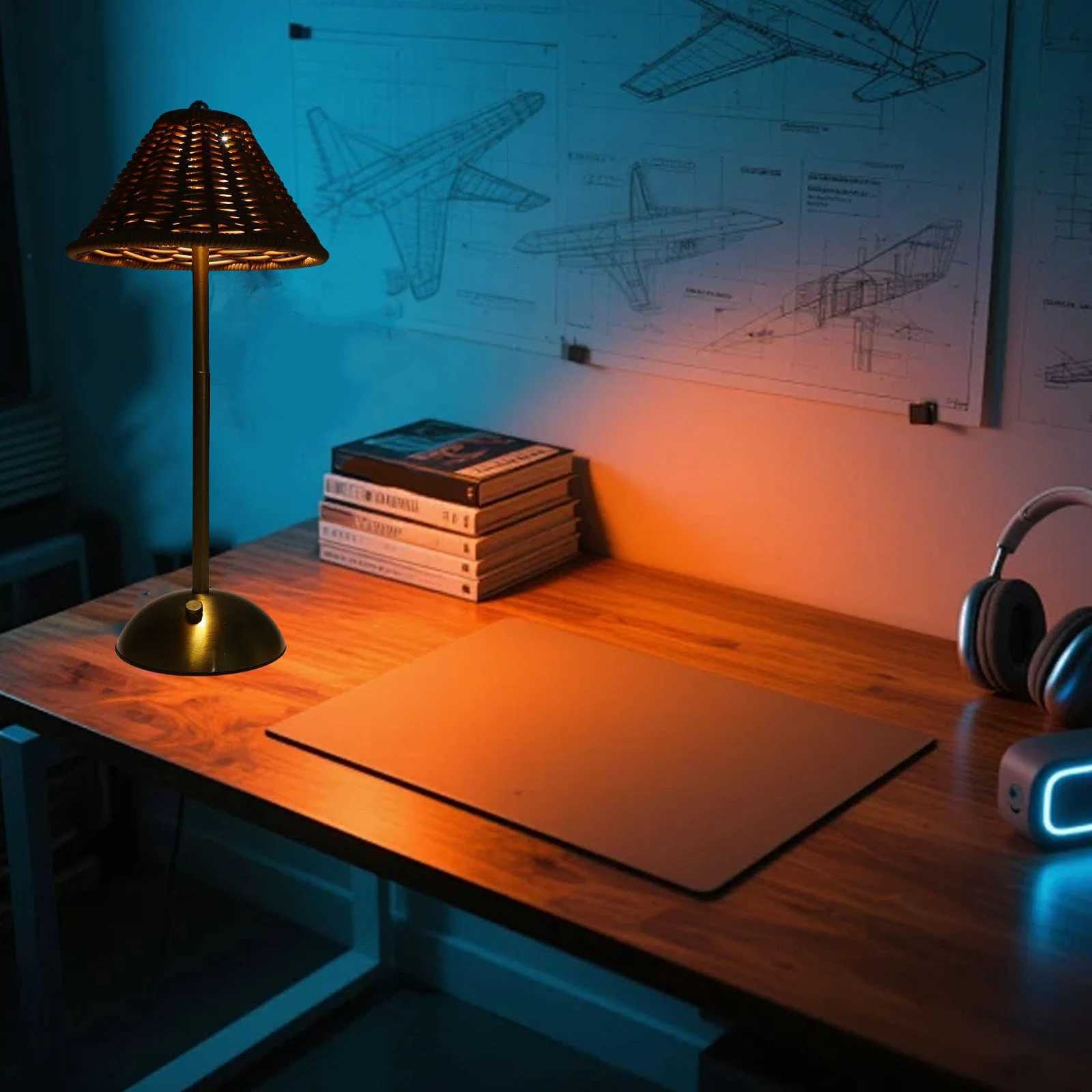 Cordless Boho Rattan Table Lamp PC Rattan Weaving 600mAh LED Rechargeable Reading Light Compact Energy Saving for RestaurantM251125