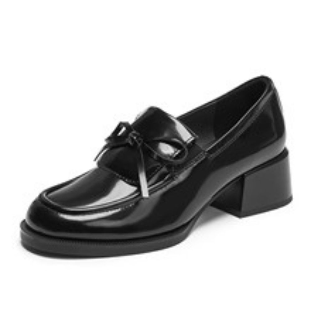 Women's Black Patent Leather Bow Loafers, Block Heel Casual Daily Commute Dress Shoes---168-2