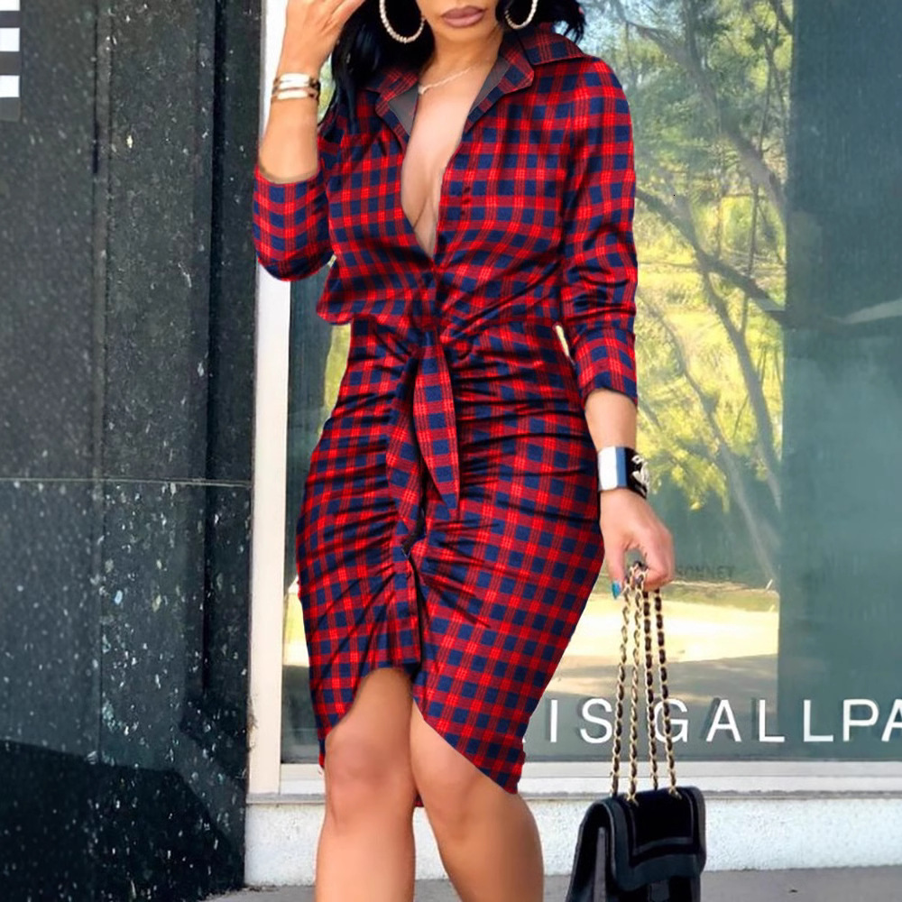 2021 summer V-neck lace up solid long sleeve medium length shirt dress for women