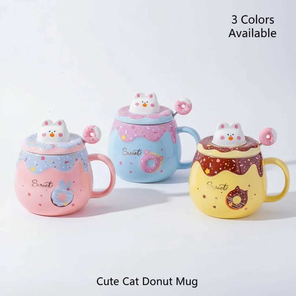 400ml Cute Cat Donut Mug with Lid and Spoon Ceramic Coffee Cup 3 Colors Available Sweet Gift for Girls Friends Birthday Y251125