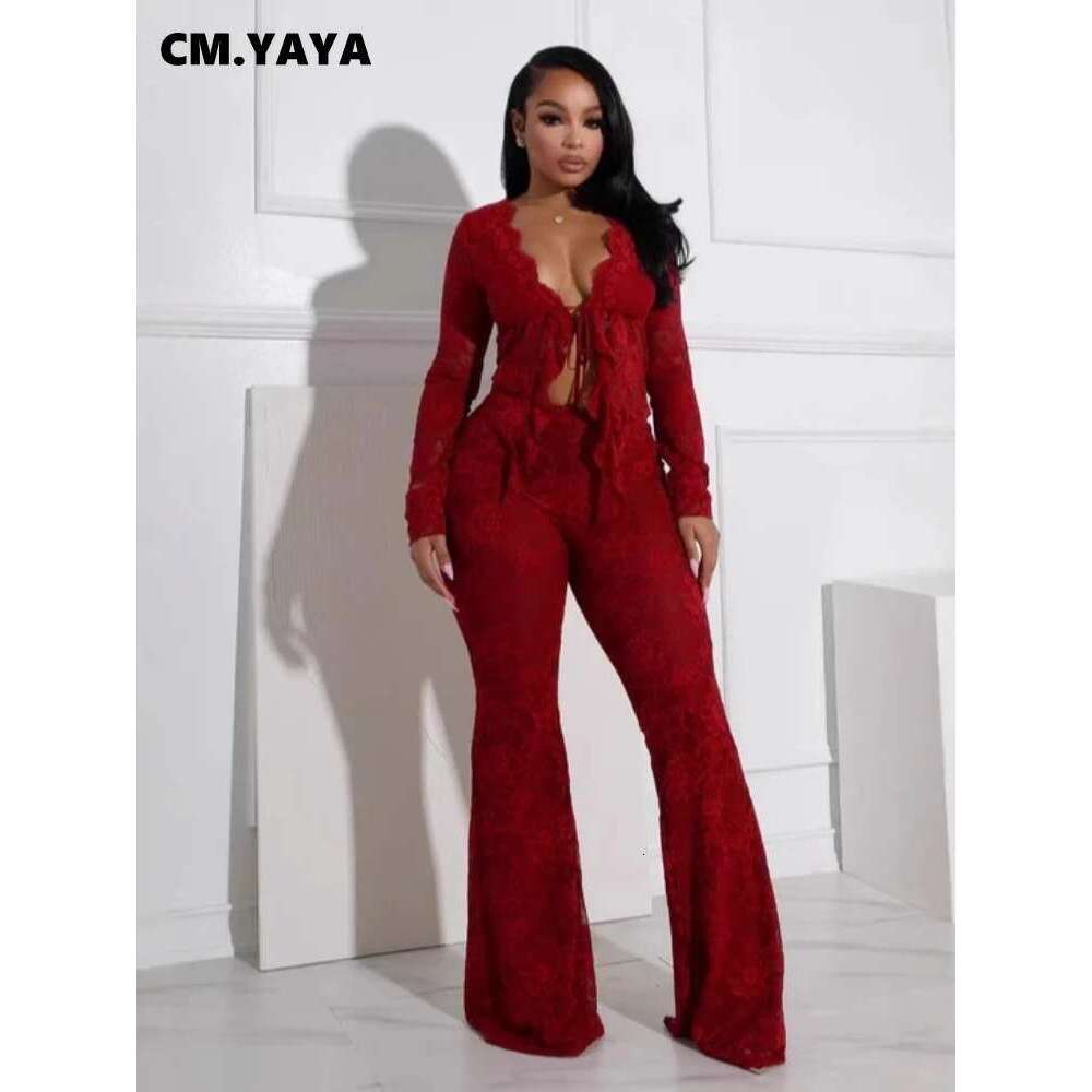 Cm.Yaya 2025 Women's Set Sleeve Lace See Through Shirt + Long Pants Street Evening Sexy Two 2Piece Sets Outfits Tracksuit