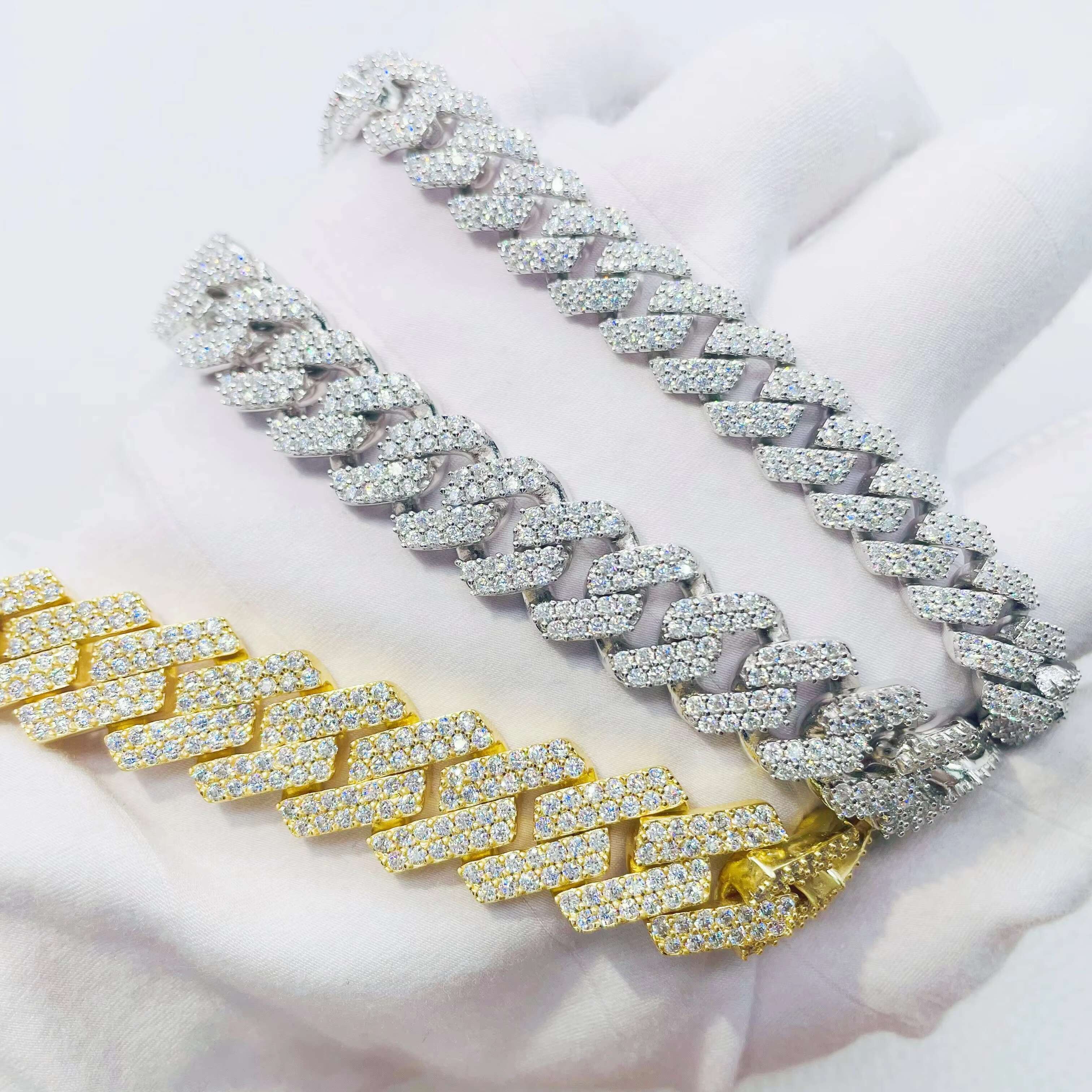 Hand Setting Moissanite Jewelry 10mm 12.3mm 15mm Hiphop Chain S925 Iced Out Two Rows VVS Diamond Cuban Link Chain