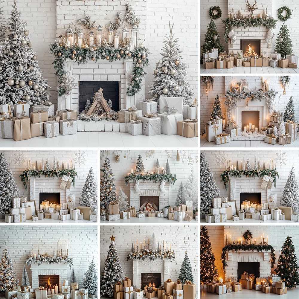 Christmas Fireplace Photography Background Custom New Year White Wall Christmas Tree Child Adult Party Decor Backdrop Photo PropM251125