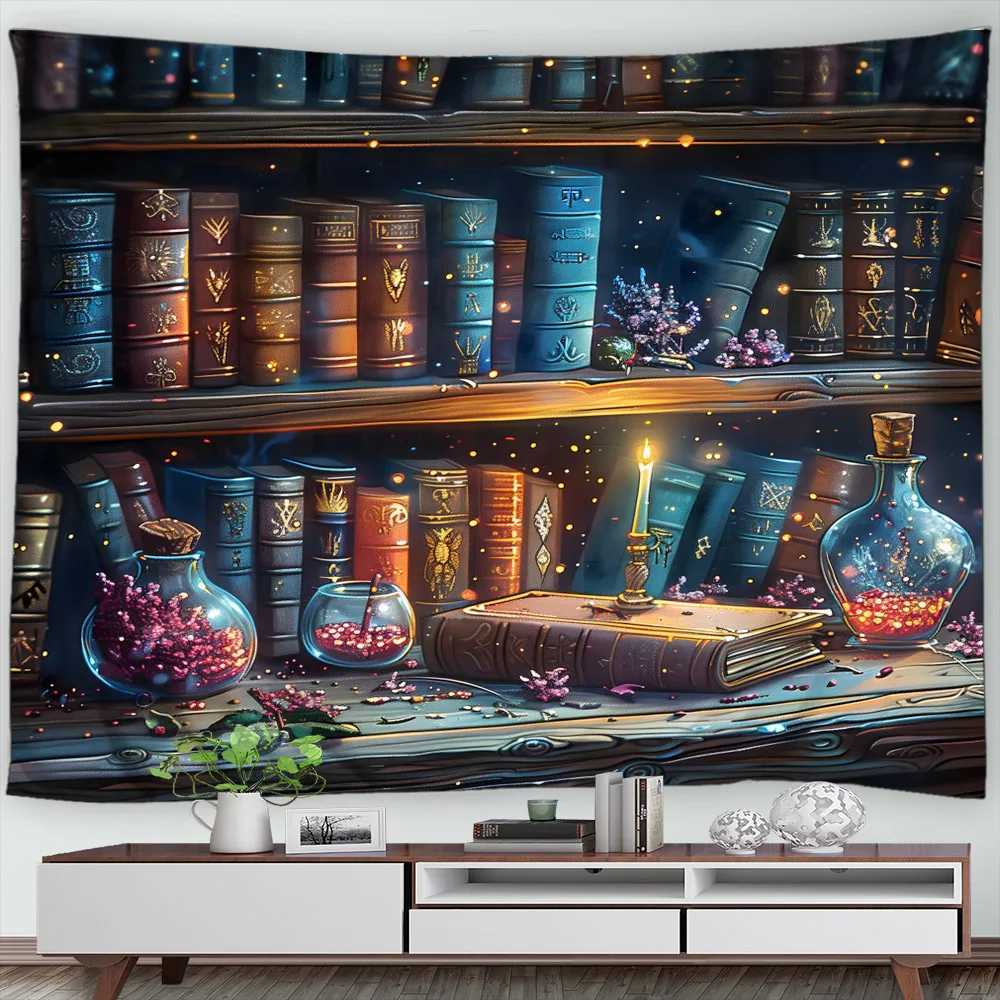 Wizard Magical Bookshelf Halloween Tapestry Wall Hanging Pharmacist Witch Room Astrology Magic Living Room Decor Home TapestryM251125