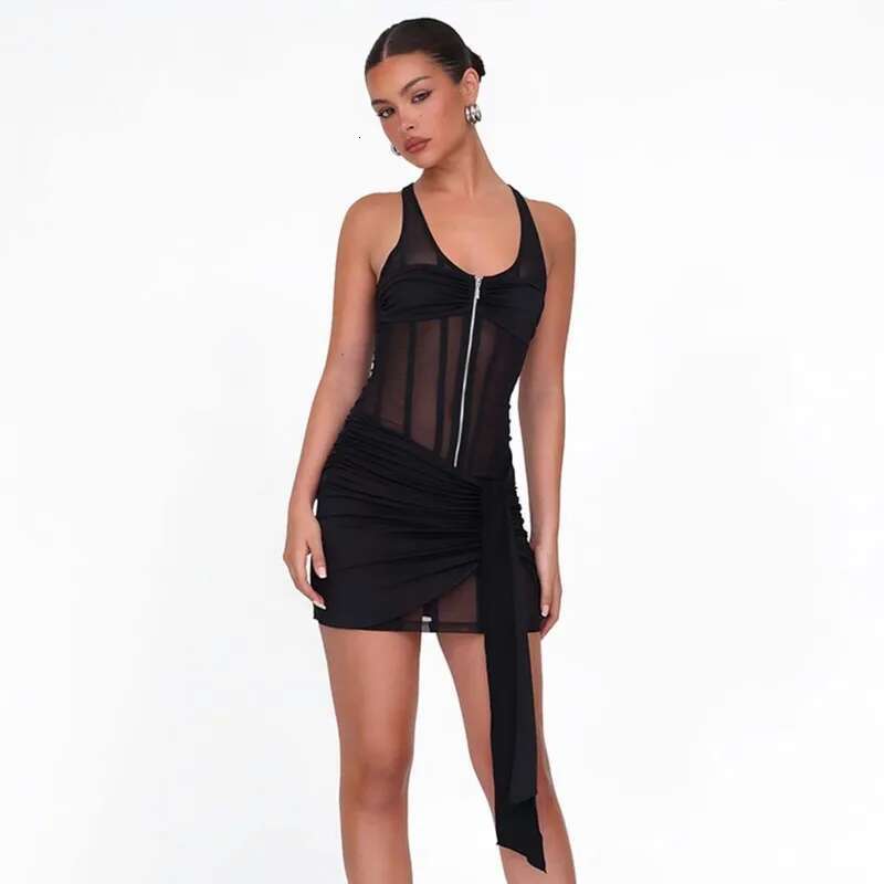 Dongdumaoyi Townlike Slim Bodycon Dress Women Spaghetti Strap Mini Spring Summer Perspective Mesh Nightclub Sexy Party Dresses