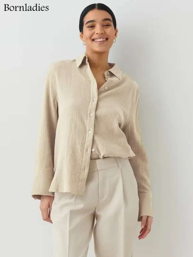 Bornladies 2025 Women's Spring Summer 100% Cotton Office Fashionable Solid Lady Long Sleeve Loose Tops Crepe Shirts