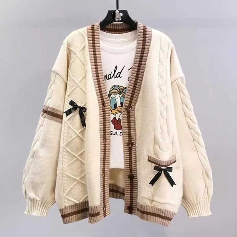 Sweet Bow Sweater Cardigans Women Y2K Aesthetic Contrast Color V-Neck Knitted Cardigan Kawaii Jk Single Breasted Sweaters CoatT251125