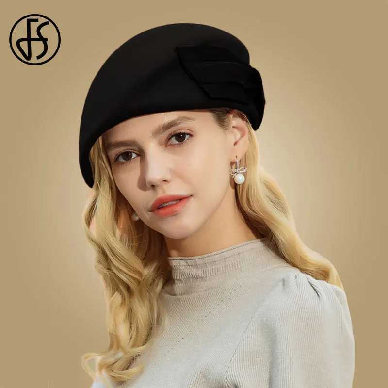 FS Vintage Wool French Beret Hats Women Fedora Black Felt Hats Winter Big Bow Elegant Ladies Church Hat Wedding Berret Femme J251125