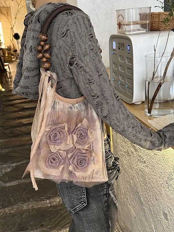 Kerici Retro Traditional Silk Fabric Large Handbag for Womens Fashion Holiday Flower Shoulder Bag W250421