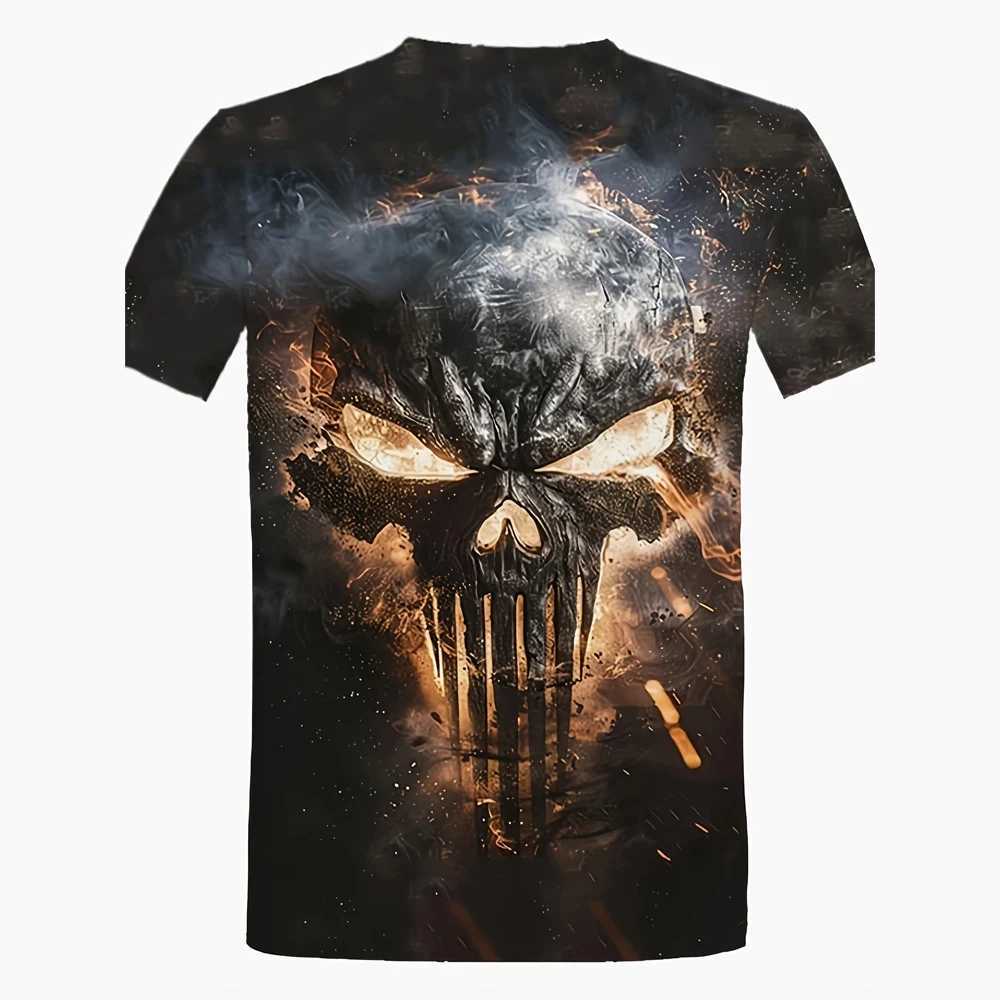 Summer flame skull print mens retro style mens clothing short sleeved T-shirt horror skull 3D printed graphic T-shirt W250425