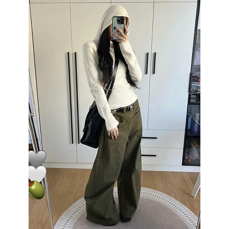 Spring 2025 Womens Jeans High Waist Bag Casual Retro Y2K Army Green Straight Pants American Wide Leg Cowboy Trouser 250417