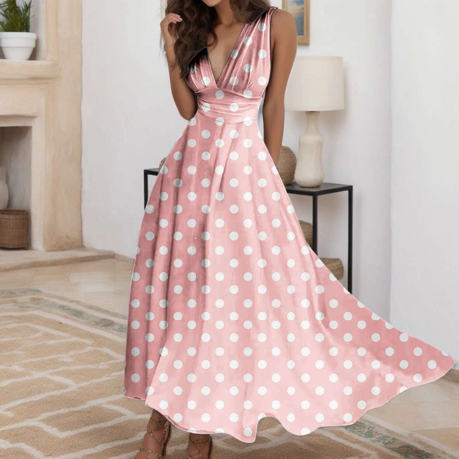 Dongdumaoyi Casual Elegant Sleeveless Dress Summer Retro Dot Print Dresses V Neck Long Skirt Street Fashion Comfortable