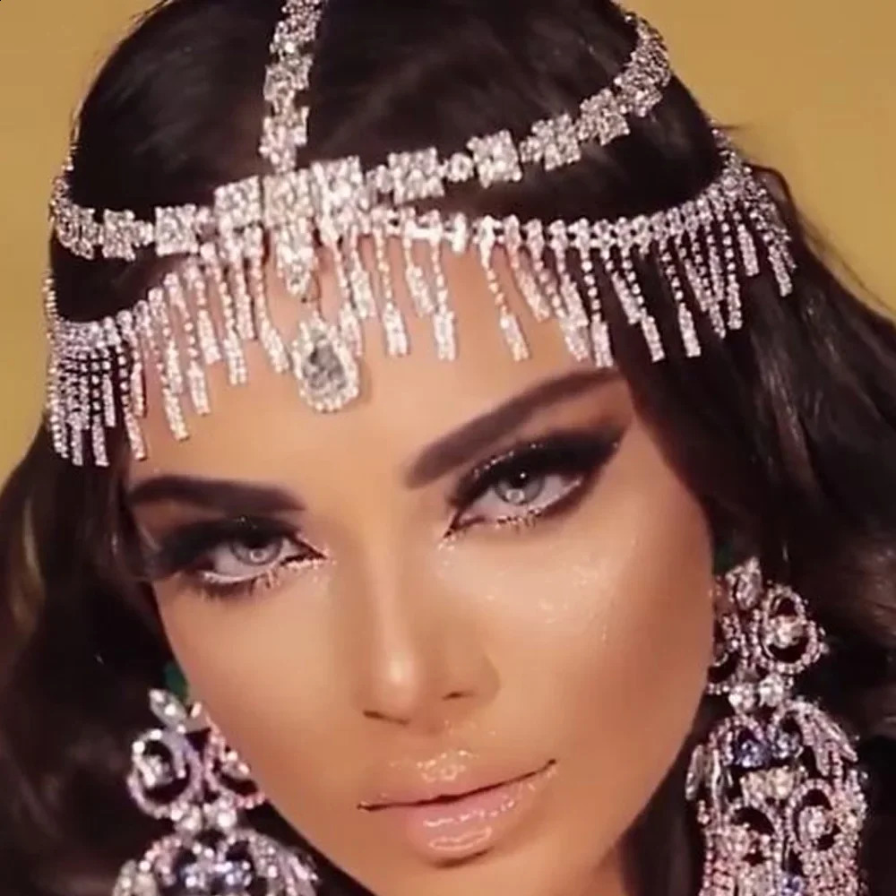 Bling Indian Forehead Chain Rhinestone Headband Headpiece for Women Crystal Hair Ornament Jewelry Wedding Hairpieces Gift 250420