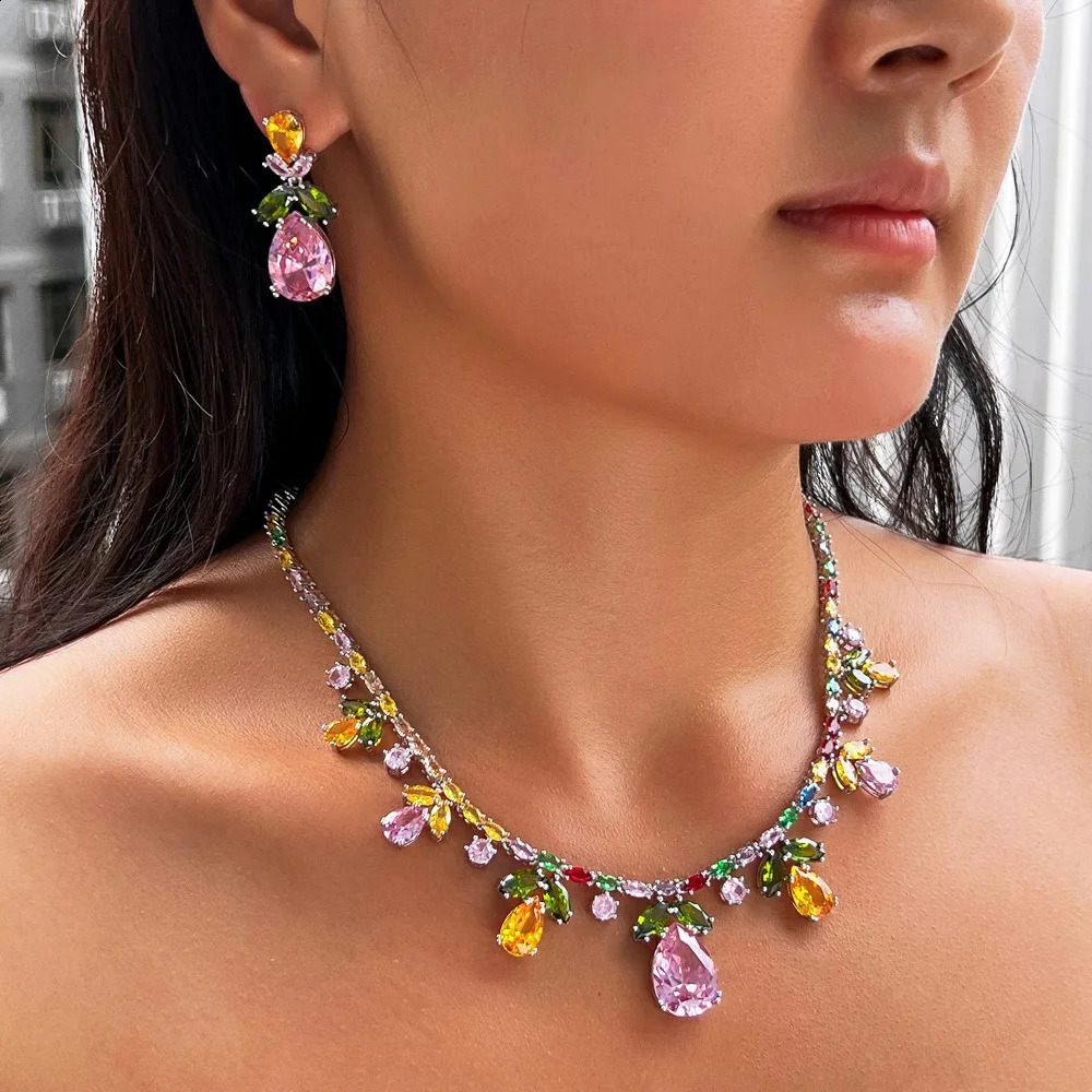 Women Rainbow Gemstone Necklace 18K Gold Plated Waterdrop Zirconia Earrings 2024 250417