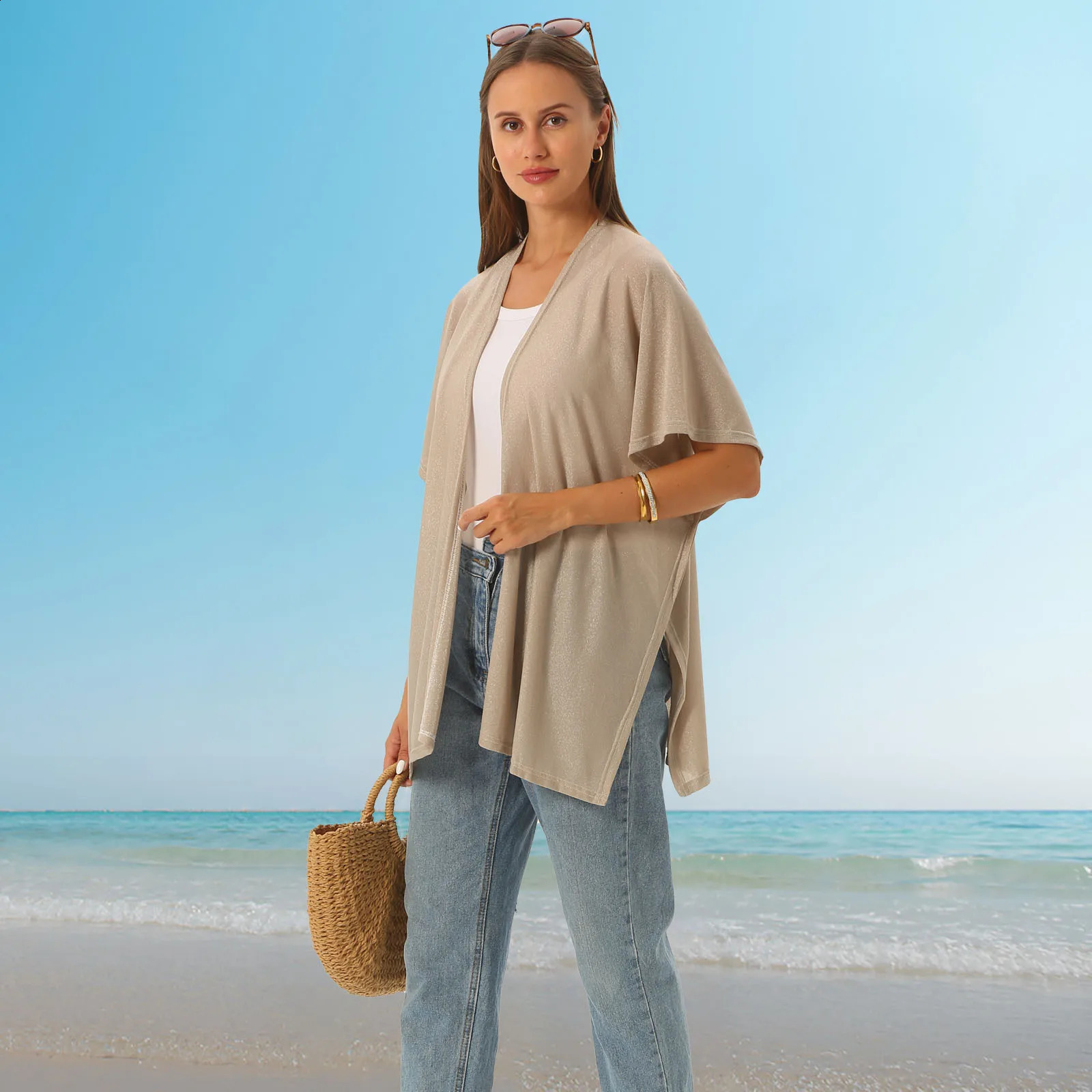 summer nylon gold and silver womens open top wool beach sunscreen jacket 250422