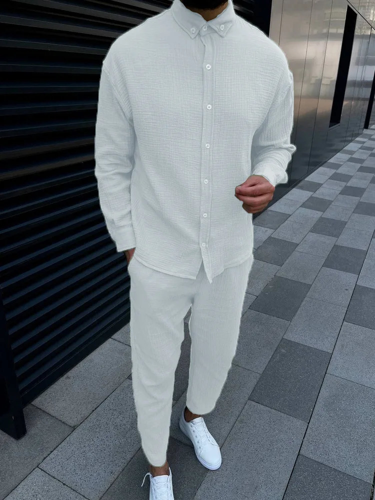 Autumn mens cotton long sleeved shirt set ultra solid color single breasted round neck set 250422