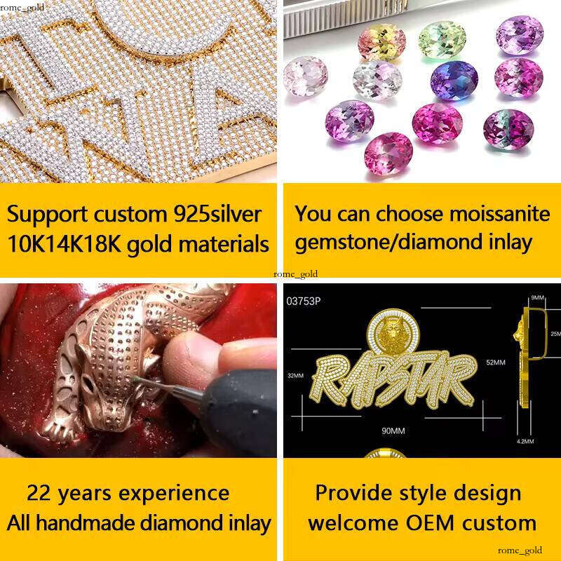 Fine Jewelry Custom Hip Hop 925 Silver Vvs Moissanite Iced Out Name Hand Carved with Rose Gold Plating Pendant