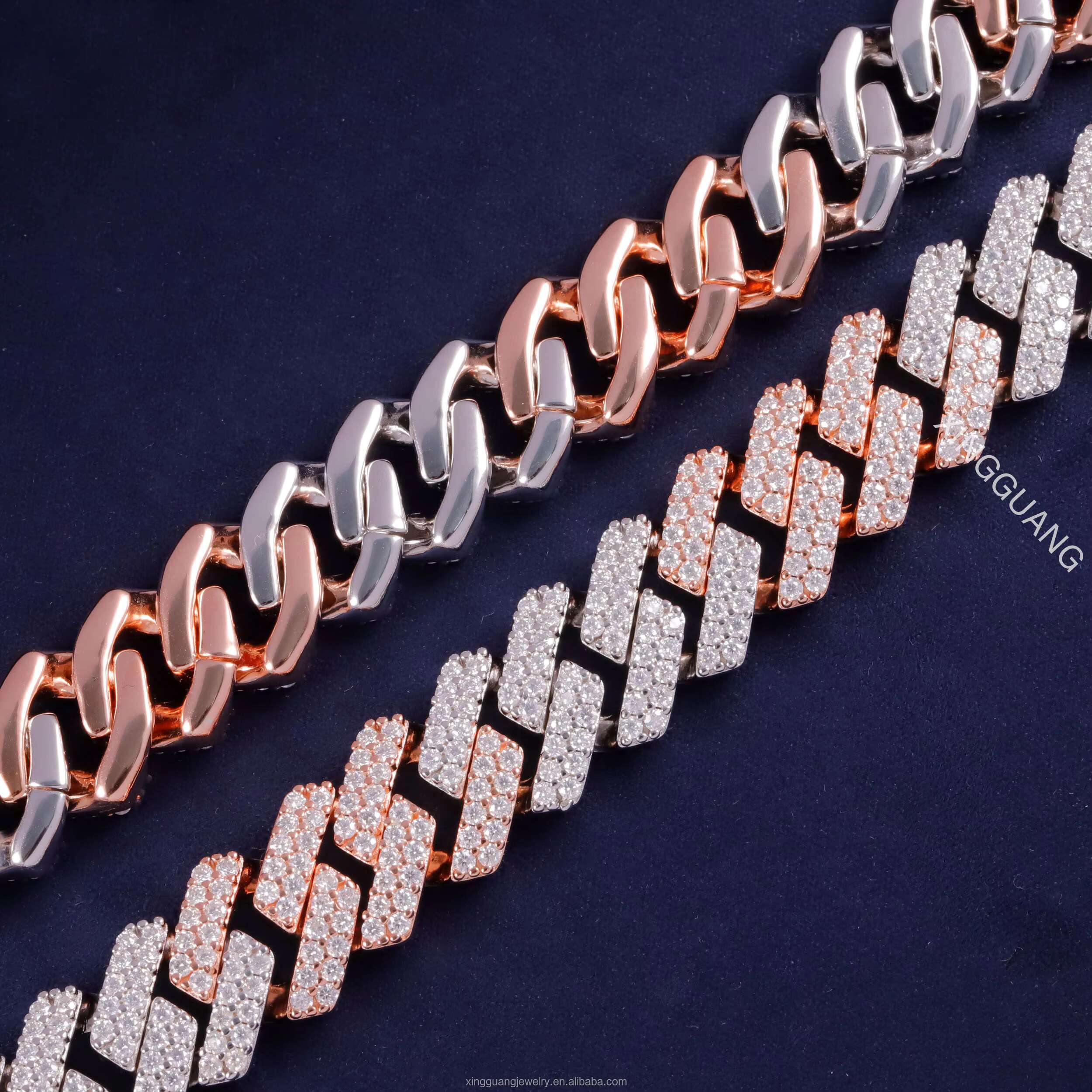 Custom Two Tone Necklace 925 Silver Gold Plated Moissanite Cuban Chain Hip Hop Jewelry 15MM Wide VVS Moissanite Cuban Link Chain