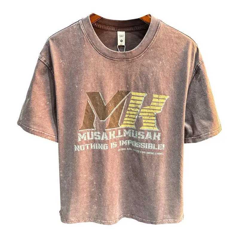 Retro style washed printed short sleeved T-shirt suitable for summer men heavy-duty loose casual half sleeved round neck top W250425