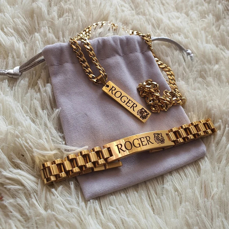 Personalized Custom Carving Name Necklaces For Men Women Nameplate Bar Cuba Chain Pendants Bangles Stainless Steel Jewelry Set 250425