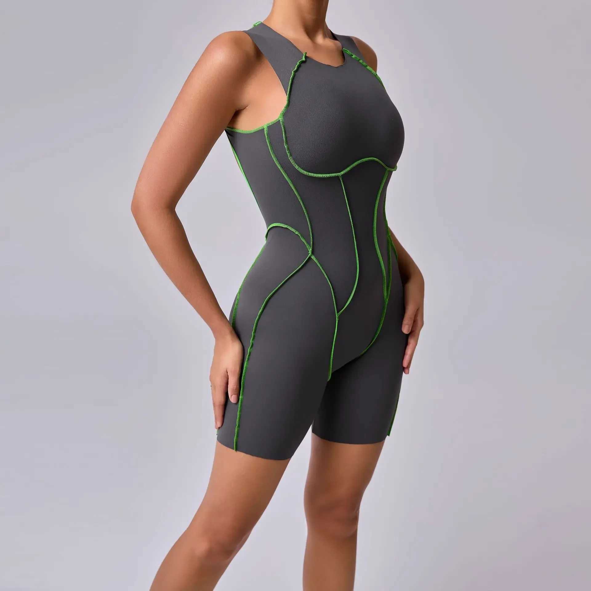 Seamless yoga jumpsuit fitness Hip lifting Line contrasting colors tight fitting Onesie backless one-piece yoga setC250425