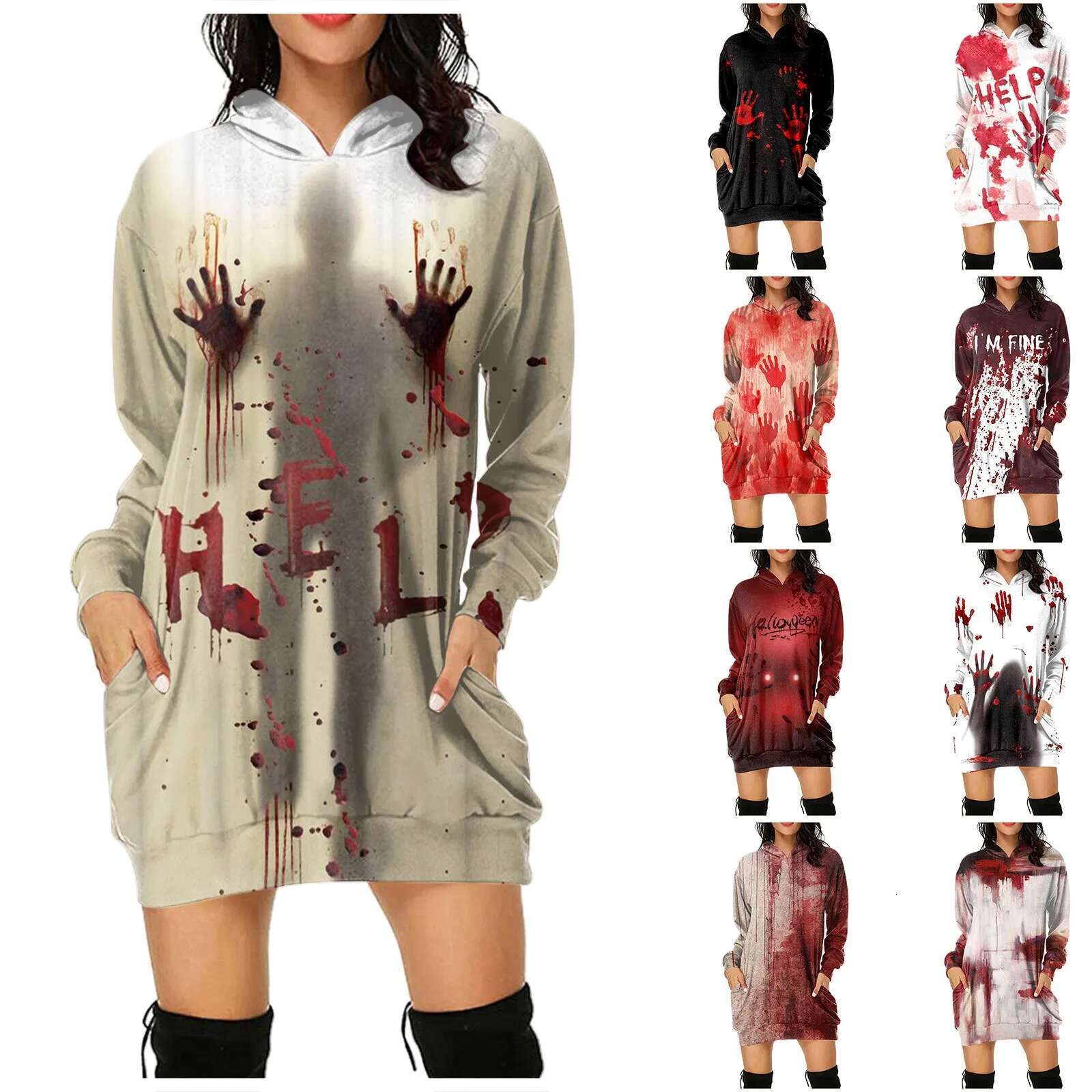 Dongdumaoyi Halloween Casual Dress Long Sleeve Vestidos Bloody Funny Letter Print Ladies Hoodie Pocket Dresses Woman Streetwear