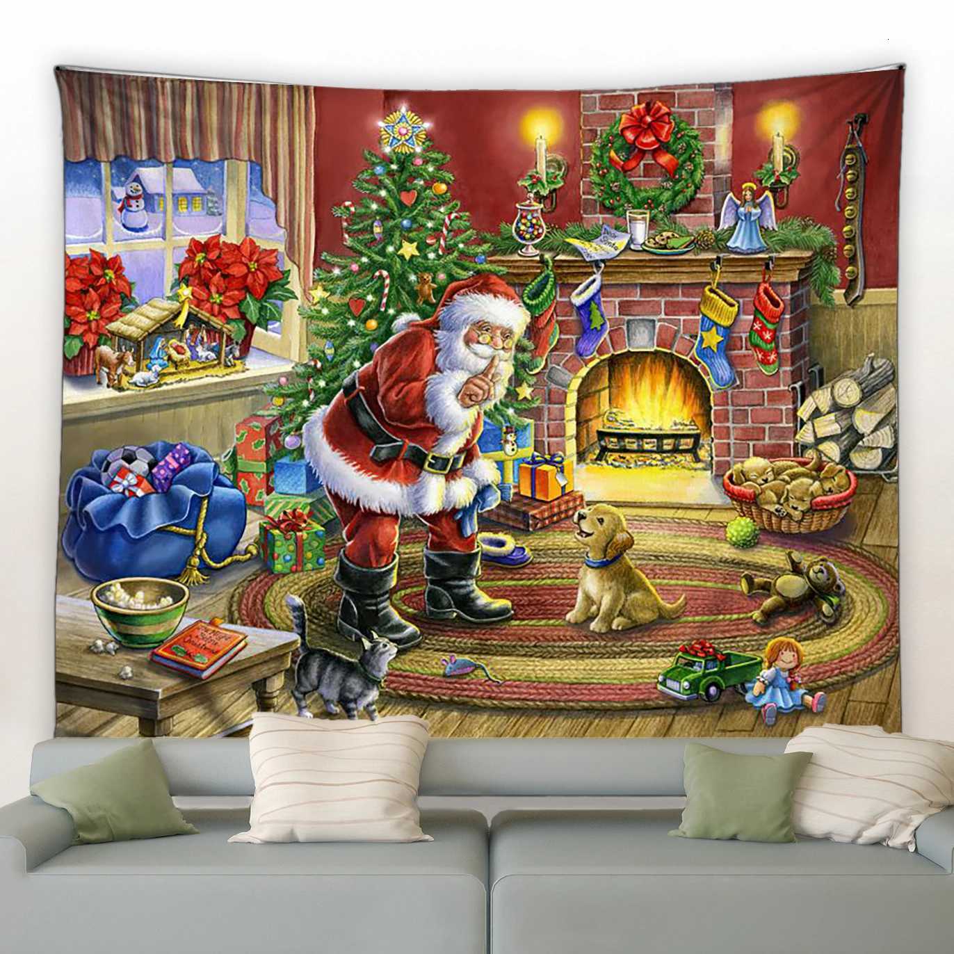 Christmas Tapestry Funny Santa Claus Xmas Tree Balls Gifts Fireplace Home Decor Art Wall Hanging for Dorm Bedroom Living RoomM251125
