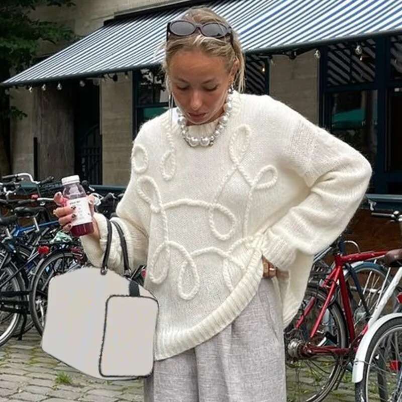 Fashion Casual Pullovers For Women Solid Color Round Neck Long Sleeve Knitted Sweater Loose Female 2024 Y2k Autunn Winter New