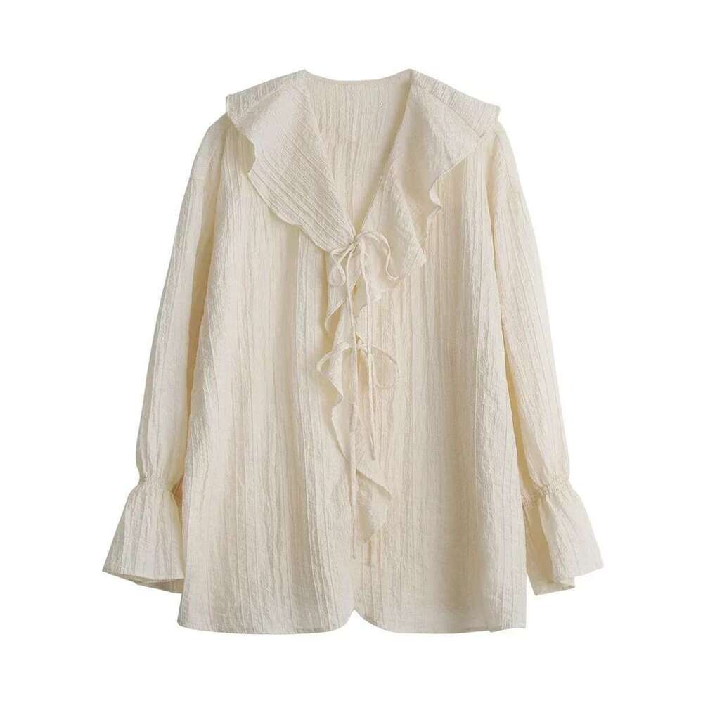 CHIC VEN Women Shirt Loose Casual Ruffled Edges Female Blouses V Neck Lace Up Mid Length Woman Shirts Spring Summer 2024