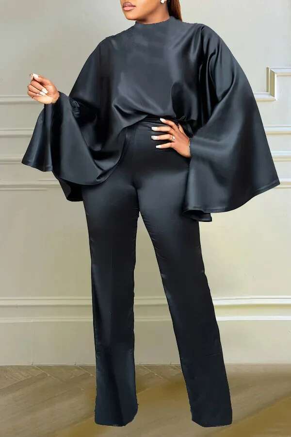 Casual Solid Silk Loose Fit Set Fashion Cloak Tops Wide Leg Pants Suit Women Party Evening Wedding 2 Piece Outfit