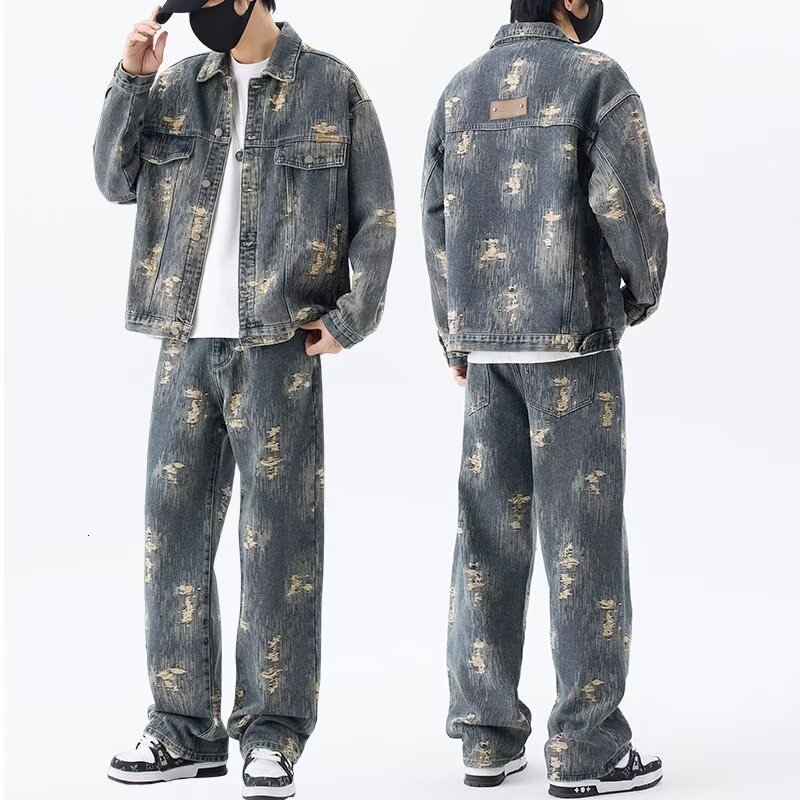 American Style Trendy Jacquard Denim Jacket for Men Spring and Autumn New High Street Stylish Loose Straight Jeans Set 250902