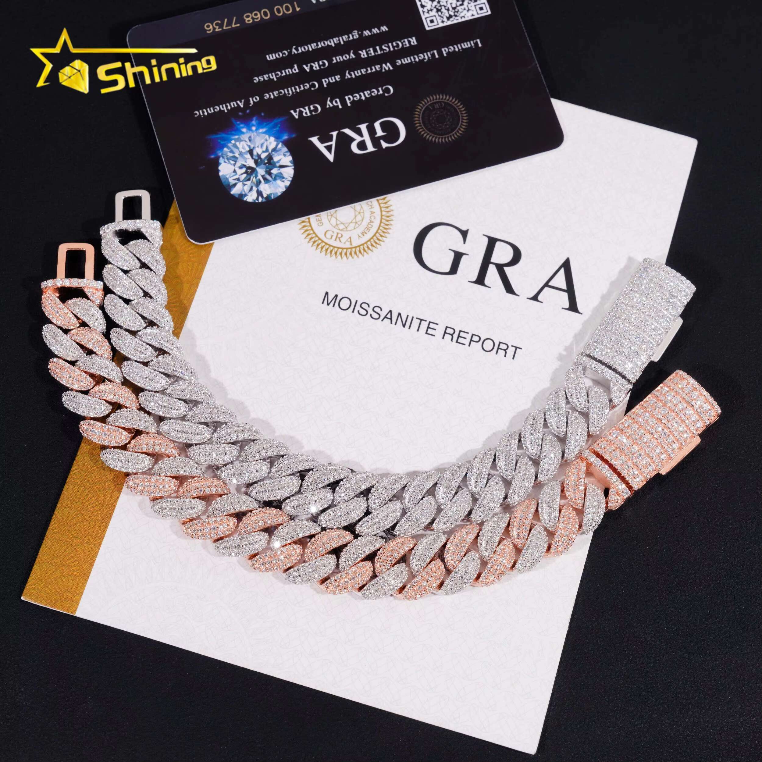 Hip Hop High Quality Iced Out Moon Shape 925 Silver Two Tone 13mm Moissanite Cuban Link Bracelet