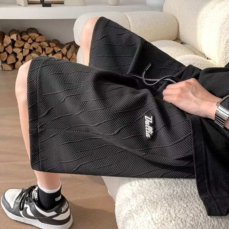 Texture inspired ice silk shorts for men's summer American high street sports pants, loose casual trendy brand five or six inch mid length pants