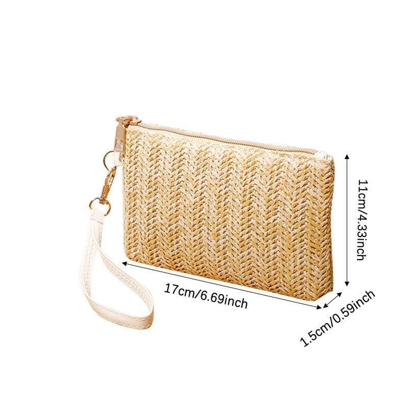 Weaving Fashion Ladies Wristlet Women Daily Money Phone Clutch Solid Straw Woven Coin Purse Beach Wallet Card Bag
