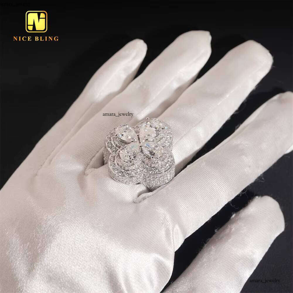 VVS Moissanite Dashi Hui Shi Champion Flower Design Clover Pear Popular Product 2025 925 Ring Men's Hip Hop Boutique Jewelry