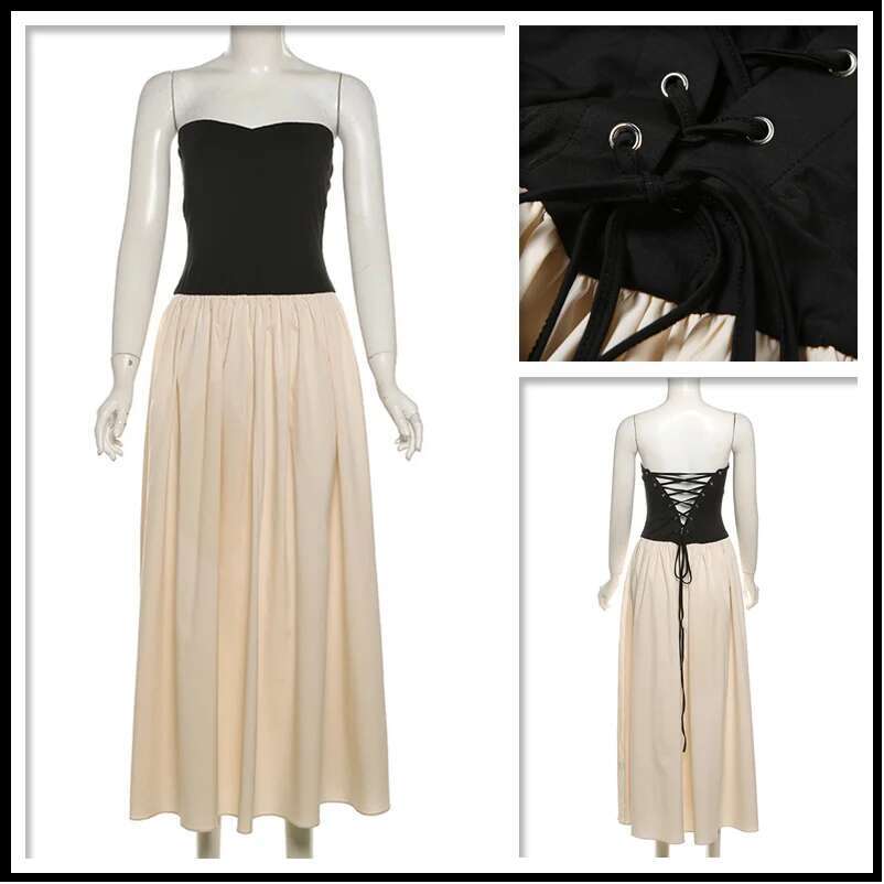 Dongdumaoyi Townlike Patchwork Pleated A Line Dress Women Midi Long Strapless Summer Backless Nightclub Sexy Party Dresses