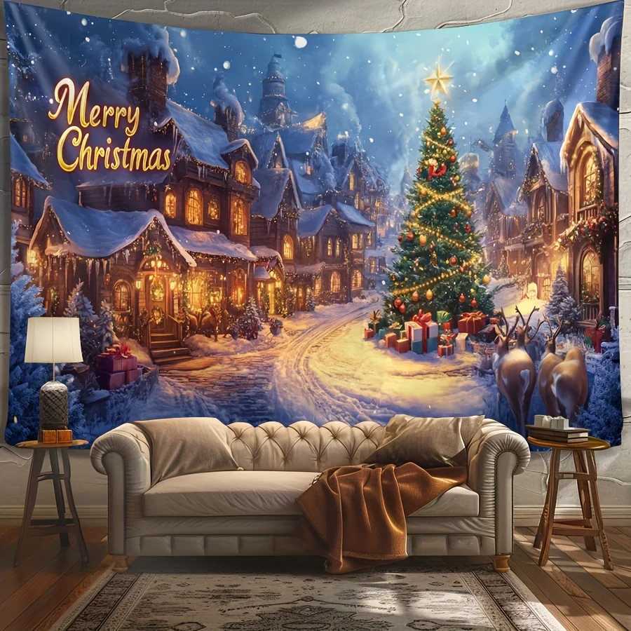 2D Flat 1pc Christmas Winter Snow Village Tapestry Wall Hanging - Polyester Fabric No Electricity Needed with Merry Christmas LM251125