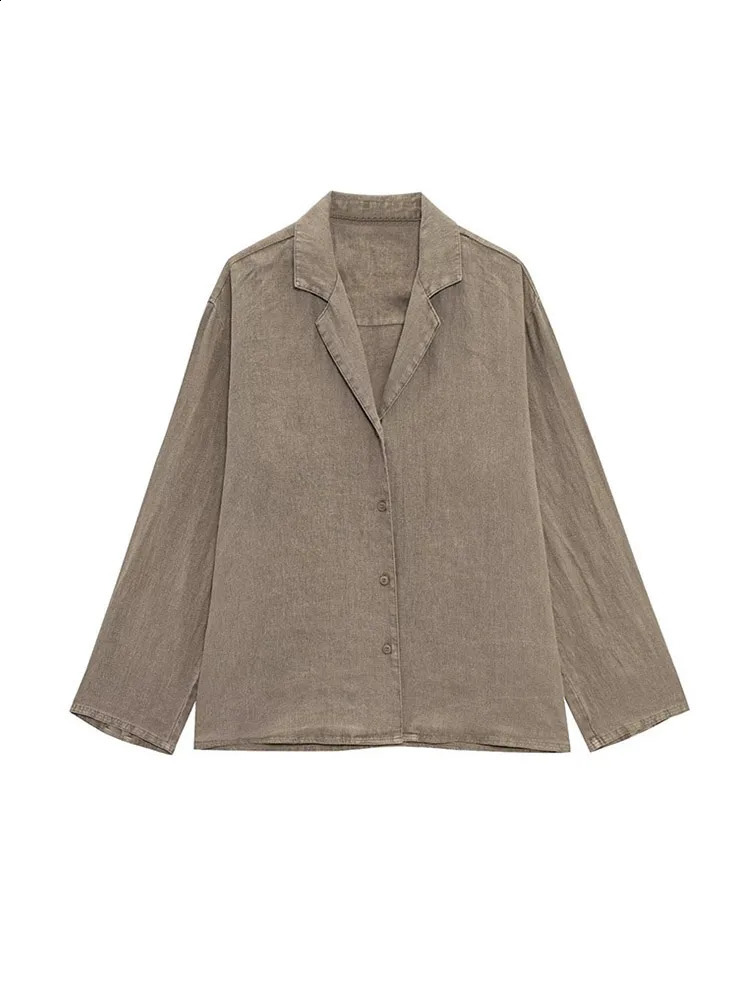 Casual cotton linen shirt set womens solid collar long sleeved single chest loose shorts summer office set 250422