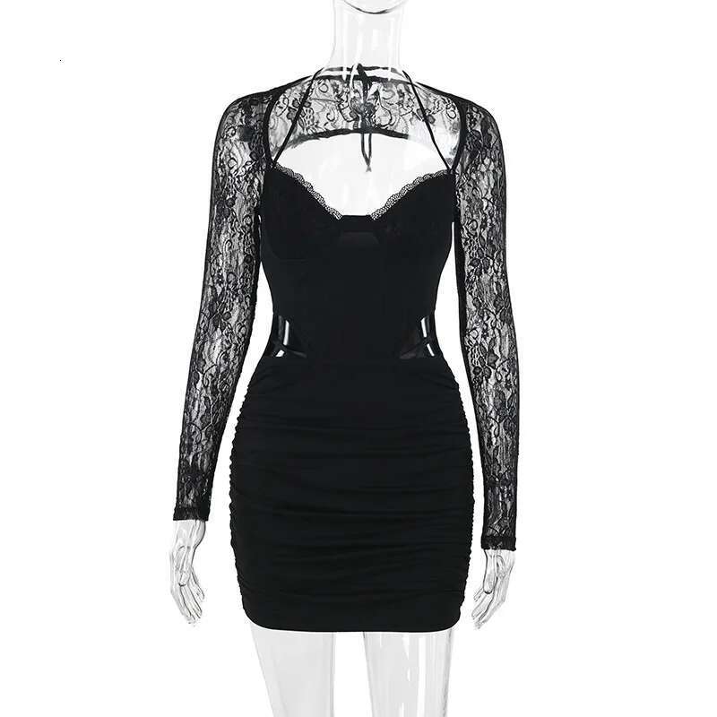 Dongdumaoyi Townlike Lace Patchwork Slim Bodycon Pleated Dress Women Mini Autumn Winter Hollow Out Backless Sexy Party Dresses
