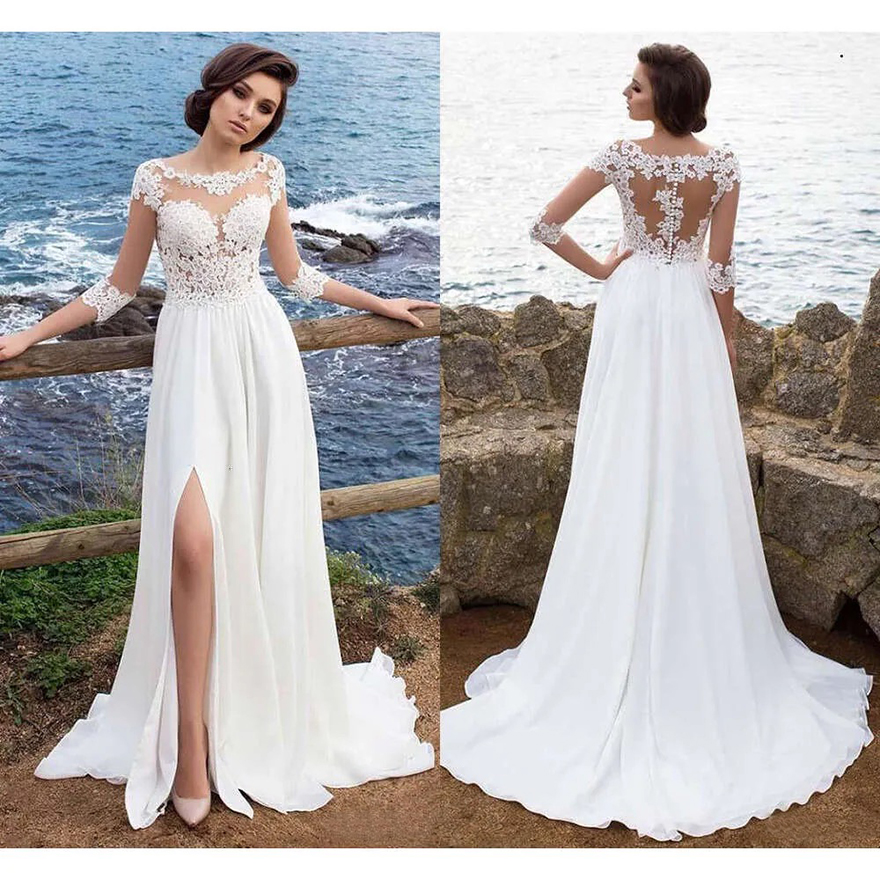 Amazing Beach Sexy Dresses A Line Scoop Neck Lace Applique Sleeves High Side Split Bridal Gowns Sweep Train Wedding Dress Pplique