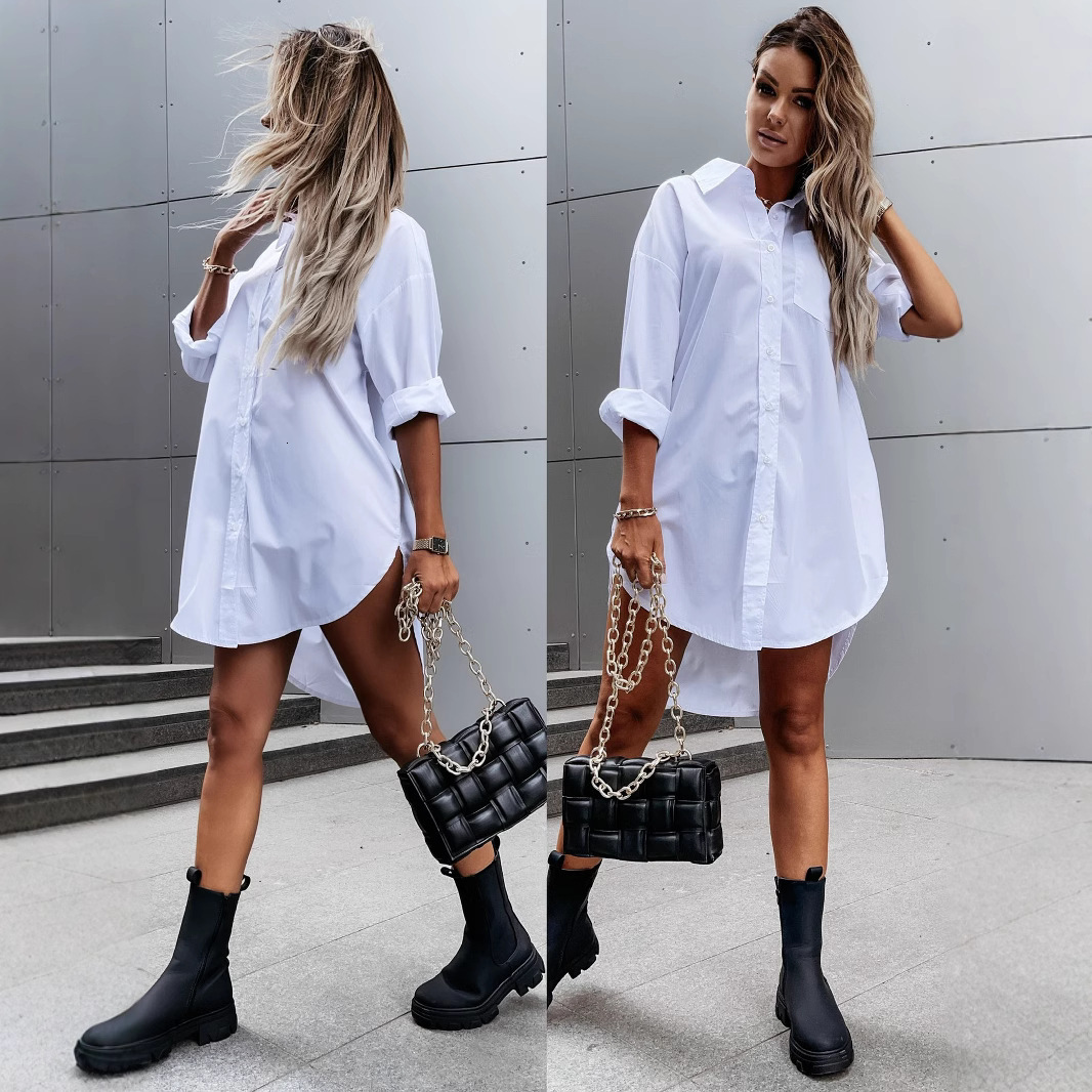 2021 autumn simple loose sleeve V-neck button up shirt womens wear