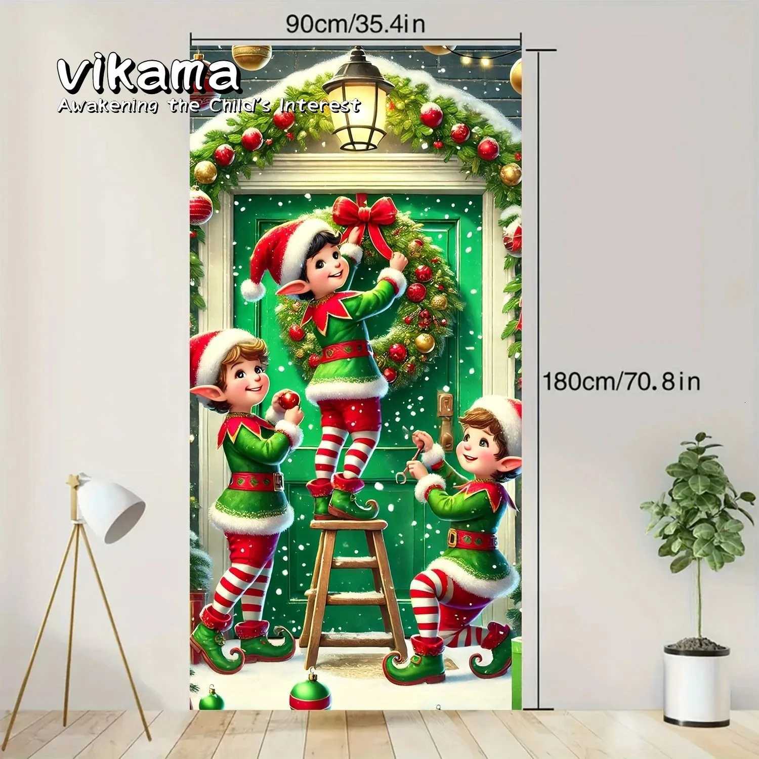 VIKAMA Christmas Elf Wreath Tapestry Door Curtain Holiday Decoration Suitable for Entrances Living Rooms and Party BackdropsM251125