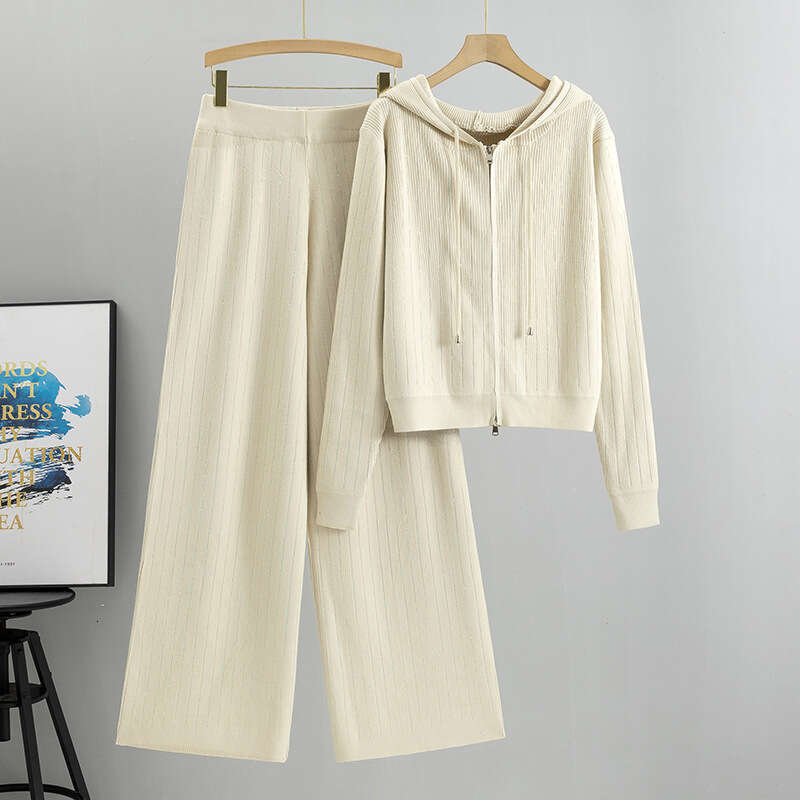 Womens Wide Leg Pants Hooded Knit Cardigan Two-piece Set Womens Autumn Fashion Loose Casual Hot Diamond Set New Pattern Popular New Arrival New Produc