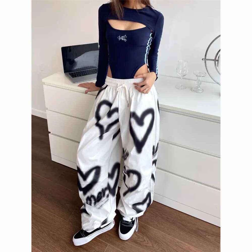 Love Graffiti Wide Leg Pants Women Y2k Elastic High Waist Streetwear Loose Drawstring Jogging Trousers Korean Casual Sweatpants