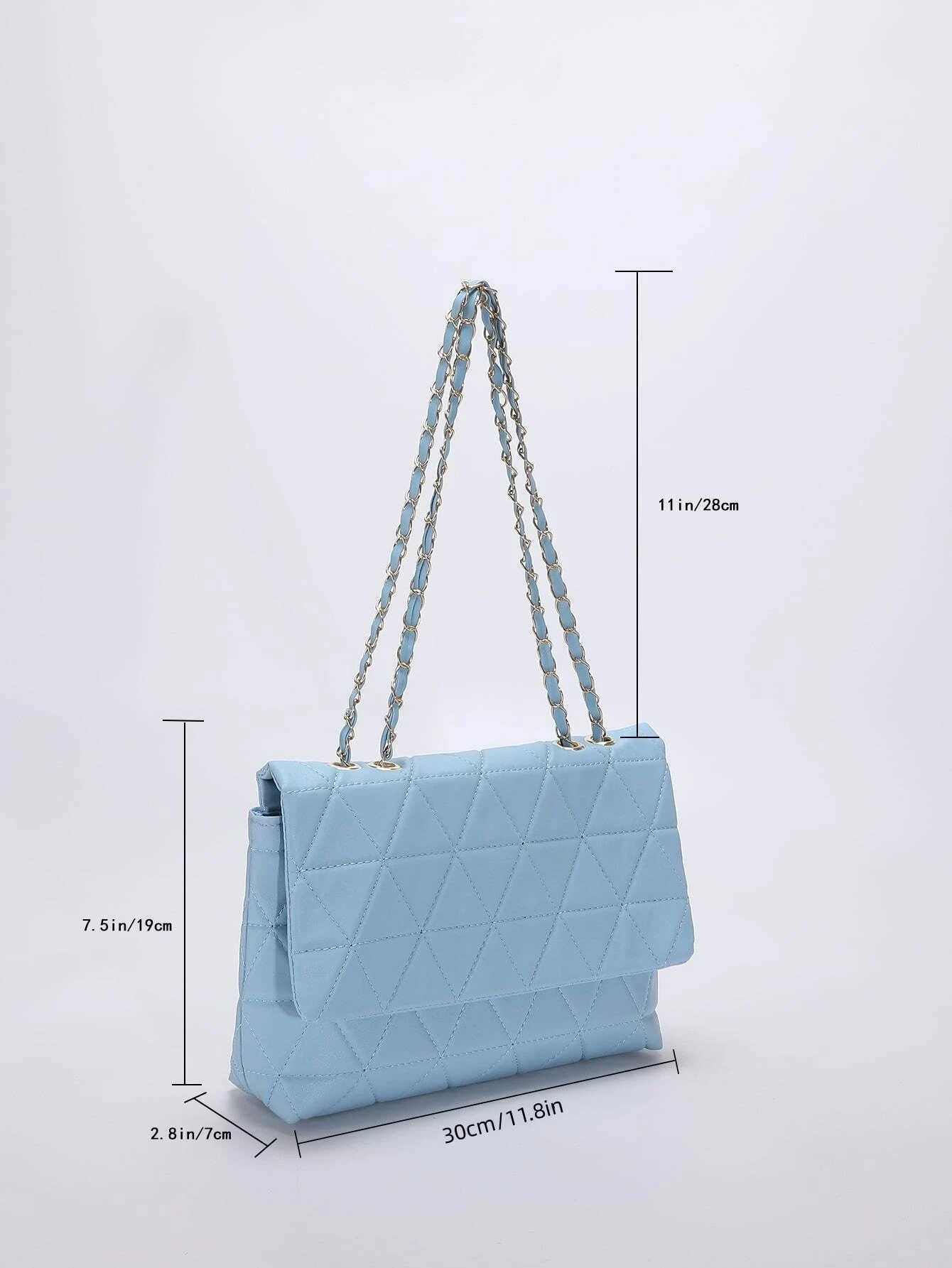 Fashionable blue Pu flip bag gold large capacity niche geometric handbag womens handbag embroidered threaded metal chain shoulder bag W250421