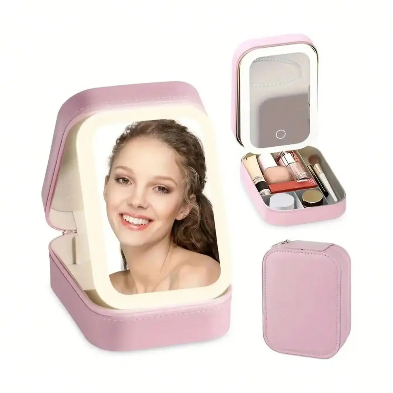 LED Lighted Makeup Bag with Mirror - Rechargeable Travel Cosmetic Organizer Adjustable 3-Color Lighting Jewelry Storage Case 250424