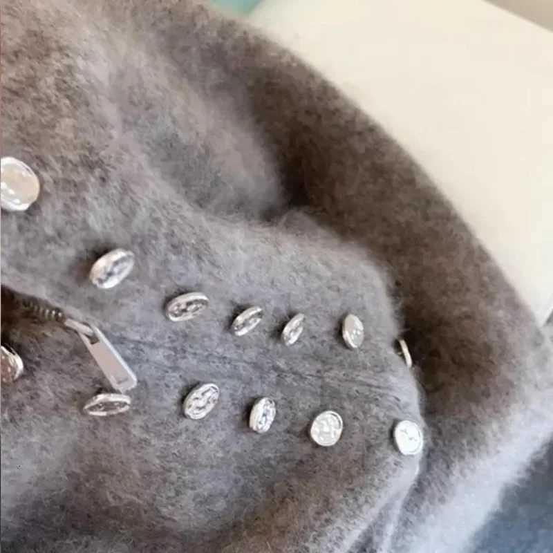 Luxury Fluffy Knitted Cardigans Sweater Design Double Breasted Sweater Coat Women Autumn Winter High-end Lazy Zipper Knit TopT251125