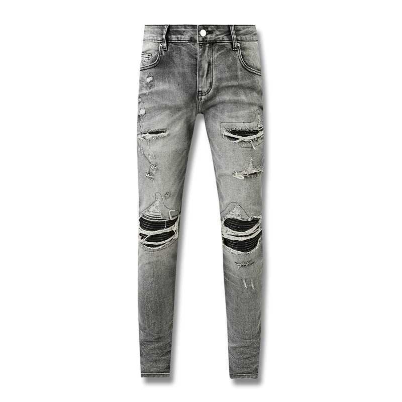 Fashion Mens High Streetwear Distressed Gray Stretch Skinny Ribs Patchwork Ripped Jeans Comes With Orignal Tags Y251124