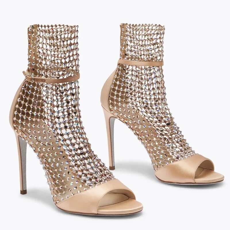 Spring and summer new rhinestone mesh hollow pointed fish mouth open toe sexy sandals sthigh-heeled banquet dress women's sandal