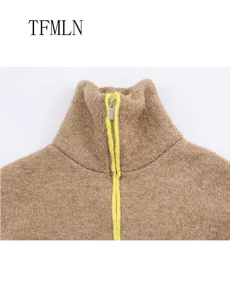 TFMLN 2025 Autumn Winter Knitted Sweater For Women Causal Stand Collar Warm Cardigan Tops Retro Loose Zipper Pockets KnitwearT251125